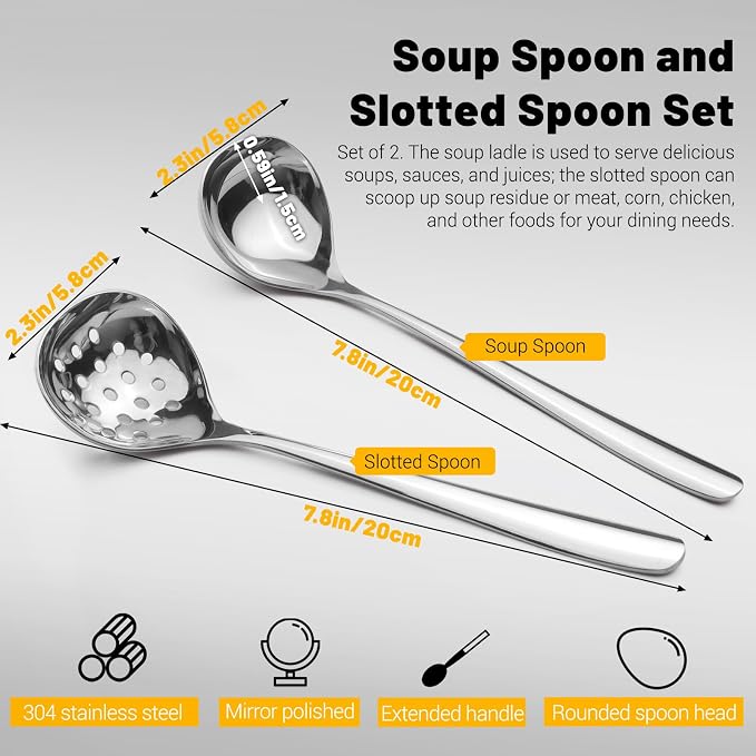 2Pcs Small Ladle and Slotted Spoon, Heavy Duty 304 Stainless Steel Gravy Ladle Mini Soup Ladles for Serving, Skimmer Strainer Spoon with Holes, Silver