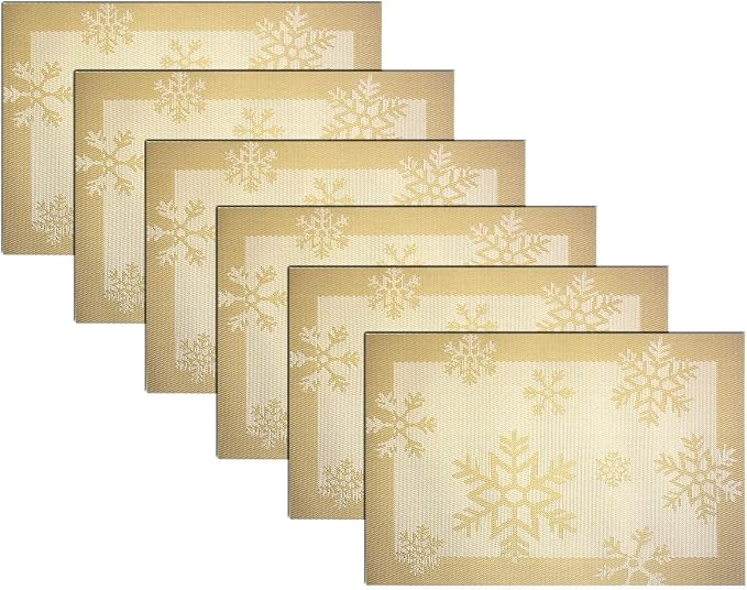 Christmas Placemats Set of 6 Vinyl Woven Non-Slip Placemats Washable Easy to Clean Table Mats for Dining Table (Snow Gold)