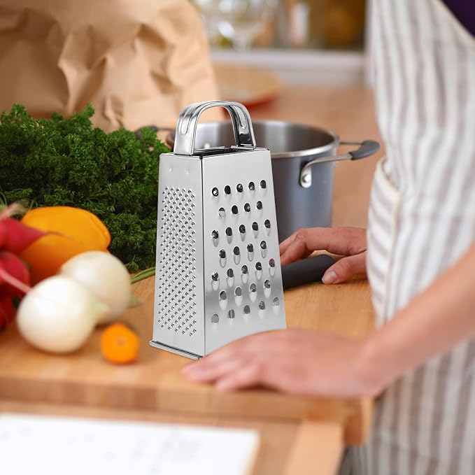 MAGICLULU 1pc Stainless Steel Vegetable Grater Portable Metal Grater 4-Sided Cheese Grater with Handle for Kitchen Restaurant (6inch)