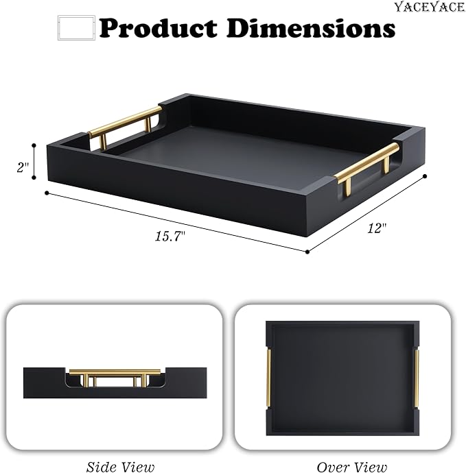 Wood Serving Tray with Metal Handles, 15.75" x 11.8" x 1.7" Black Serving Tray for Home Decorative, Rectangle Wooden Trays for Ottoman, Cafe