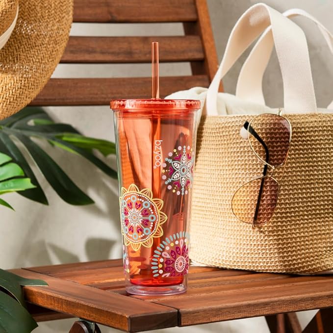 bzyoo SIP 24oz (710ml) Double Wall Plastic Tumbler with Lid and Straw Cold Drink Travel Mug Reusable Party Cup Perfect for Ice Coffee, Tea Office Poolside Parties Gifts Color: Medallion Orange