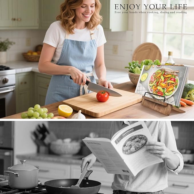 Cookbook Stand Recipe Book Holder: Recipe Cook Book Stand for Kitchen Counter, Wooden Adjustable iPad Tablet Cookbook Stand - Wood Cutting Board Style - Brown