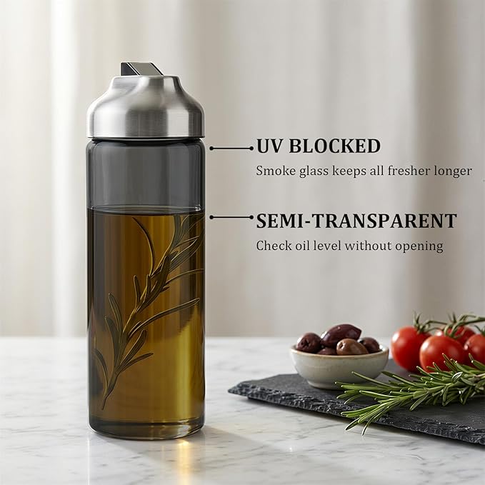 Aelga Olive Oil Dispenser Bottle for Kitchen, 2-Pack 14oz Dark Glass Oil and Vinegar Dispenser Set, Auto Flip Lid, UV-Protected Cooking Oil Cruet with Drip-Free Pour Spout