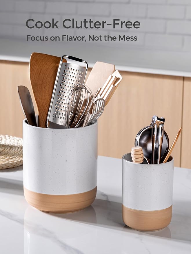 AmorArc Ceramic Utensil Holder, 7.25"+5.4" Cooking Utensil Crock for Countertop, Kitchen Countertop Organizer with Rustic Terracotta Underside for Spatula, Set of 2
