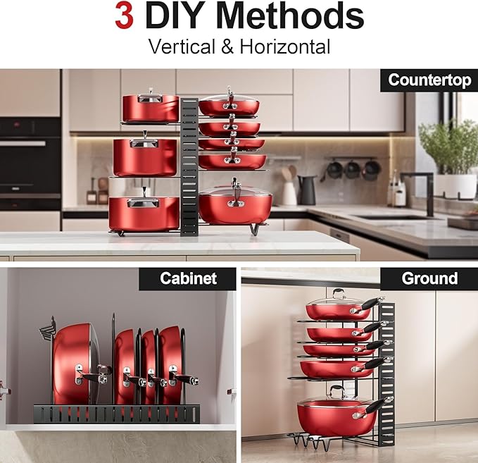 MUDEELA 8-Tier Pots and Pans Organizer under Cabinet, 16.61" Height Light Duty Pot and Pan Organizer Kitchen Cabinet Organization and Storage, Adjustable Pot Rack with 3 DIY Methods for Lids, Bakeware