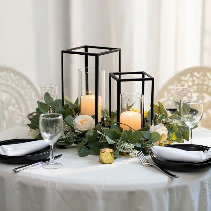 Black Lantern Decorative Indoor Set of 2: Glass Metal Hurricane Candle Holder Modern Farmhouse Lanterns Decor Outdoor for Table Centerpiece Fireplace Wedding
