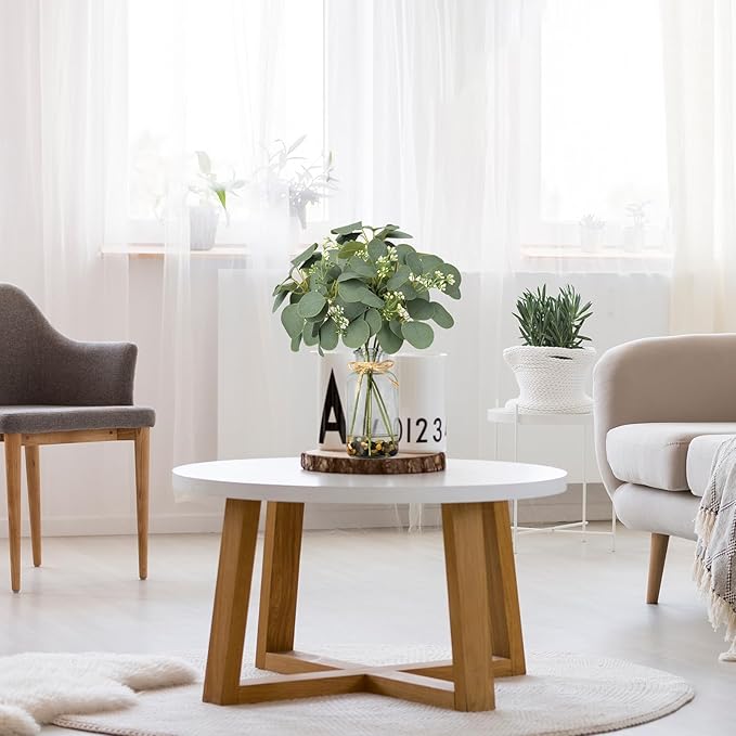 MACTING Artificial Eucalyptus Stems in Glass Vase with Faux Water Stones 14" Artificial Plants Indoor Eucalyptus Leaves for Table Centerpieces Bathroom Kitchen Living Room Shelf Home Decorations