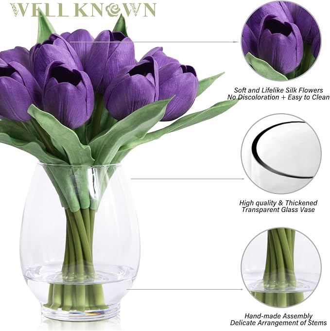 WELL KNOWN 12 Pcs Fake Tulips Artificial Flowers in Vase with Faux Water, Real Touch Purple Foam Tulips Arrangement with Vase for Home Office Wedding Party Decor Dining Table Centerpiece & Mom's Gift