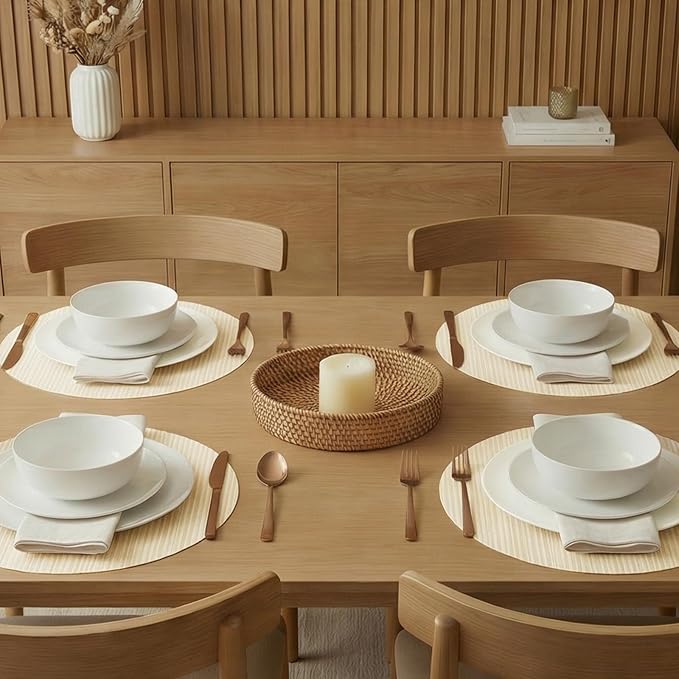 AHHFSMEI Round Placemats Set of 6 Woven Vinyl Non-Slip Heat Resistant Stain Resistant Easy Clean Place mats for Dining Table(Beige)