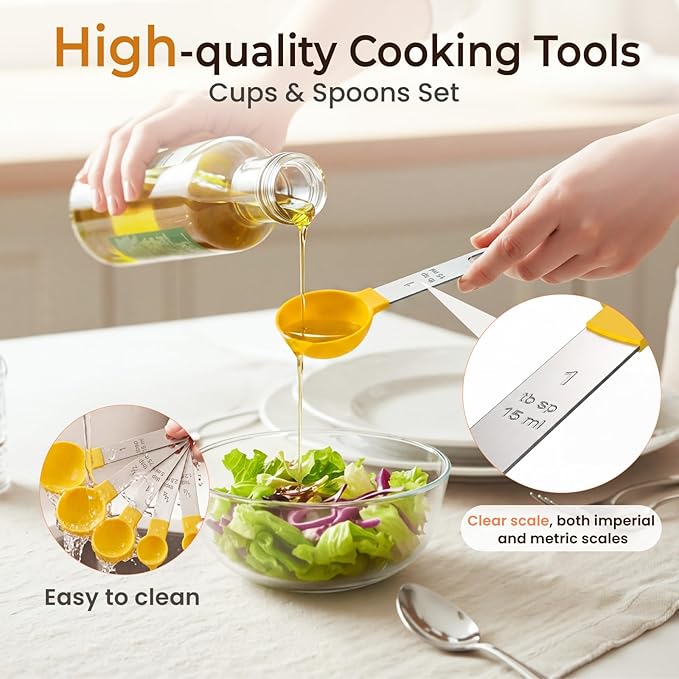 16PCS Measuring Cups and Spoons Set, Measuring Spoon Set with Metric and US Measurements, Fits for Measuring Dry and Liquid (Yellow)