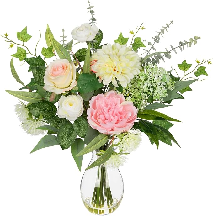 Briful Artificial Floral Arrangement with Faux Water – 19.7” Tall Mixed Peony, Rose, Dahlia & Eucalyptus Fake Flowers in Vase – Faux Flower in Glass Vase for Home Table Centerpiece Decoration