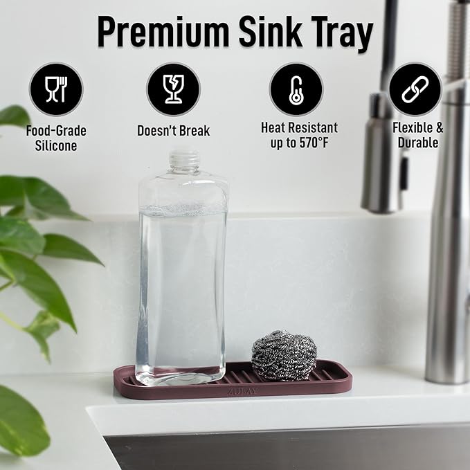 Zulay Kitchen (9x3.5) Silicone Sponge Holder for Kitchen Sink - Flexible Multipurpose Soap Tray - Sink Organizer for Kitchen, Bathroom, Makeup, Trinkets & More (Dark Mahogany)