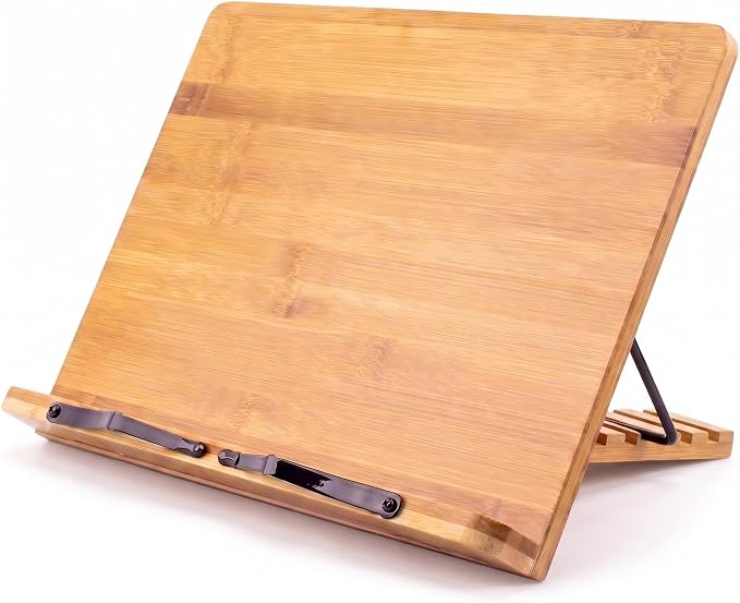Bamboo Cookbook Stand Large, Adjustable Book Holder Tray and Page Paper Clips - Natural Color Large - 4-Position Recipe Book Stand Holds Thick Books for Kitchen Counter, Reading, Studying - Foldable