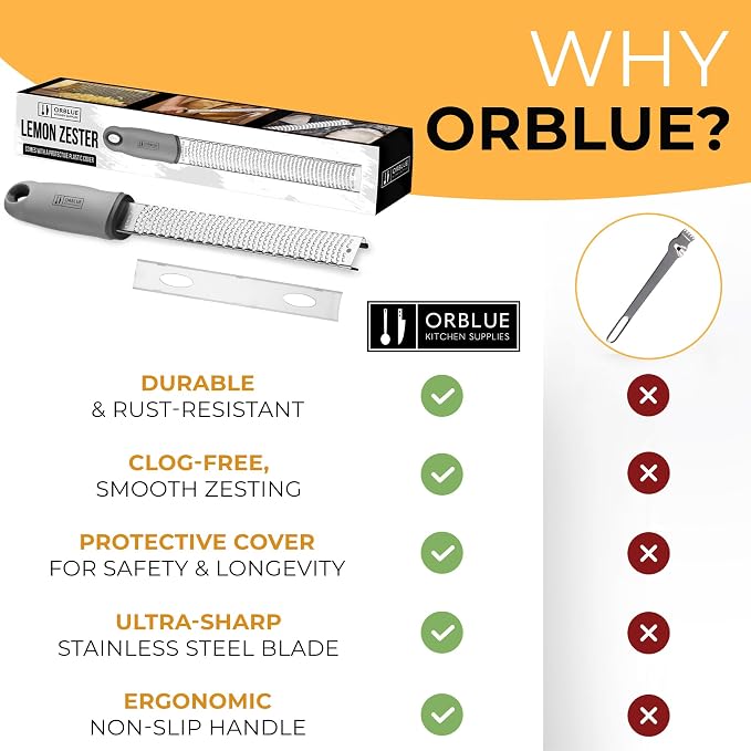 Orblue Lemon Zester & Cheese Grater - Premium Citrus Zester, Kitchen Grater for Parmesan, Chocolate, Fruits, Vegetables, Ginger, Garlic, Nutmeg - Stainless Steel Blades with Protective Cover, Gray