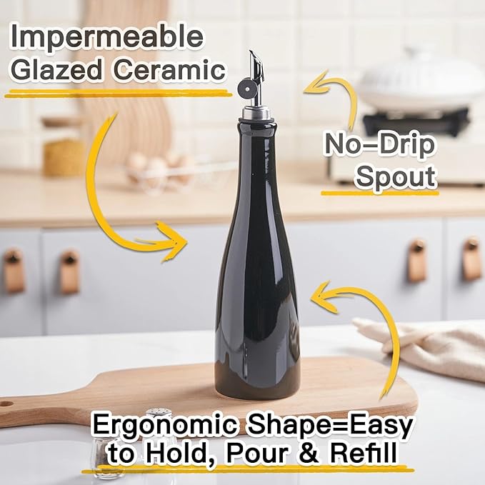 YOLIFE Olive Oil Dispenser Bottle, 16oz Ceramic Oil Dispenser for Kitchen, Oil Bottle with Gravity Spout, Leak Proof EVOO Dispensing Bottle with 2 Spouts and 1 Funnel for Vinegar, Juice(Black)
