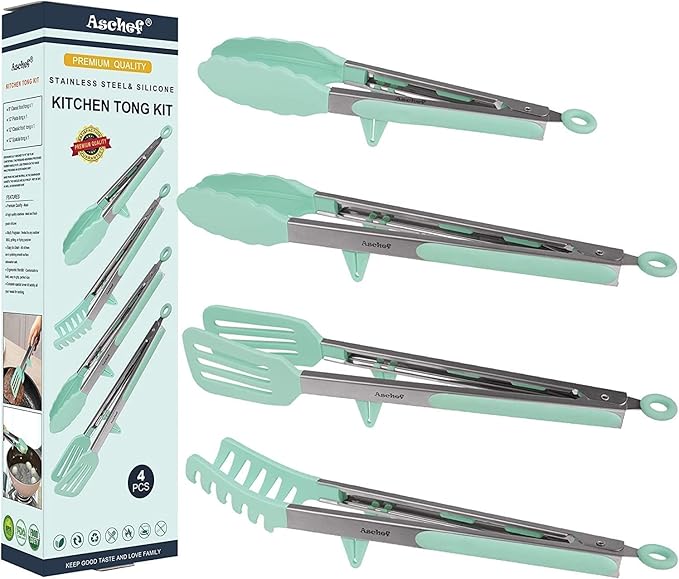 4in1 Stainless Steel Kitchen Food Tongs Set for Cooking with BPA Free Silicone Tips, Toaster Steak Pie Pizza Pasta Spaghetti Noodles Salad Fruit Vegetable Grill BBQ Buffet Clamp Serving Tools Gadgets