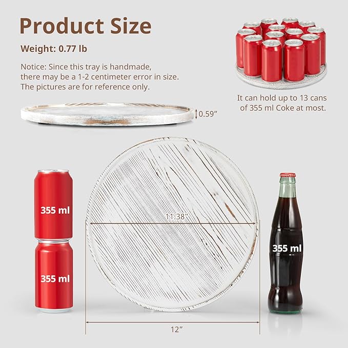 12 Inch Wood Round Tray, White Washed Wooden Decorative Serving Coffee Table Tray Centerpiece Candle Holder for Farmhouse Kitchen Dining Room Home Decor Coffee Table Decor and Accessories