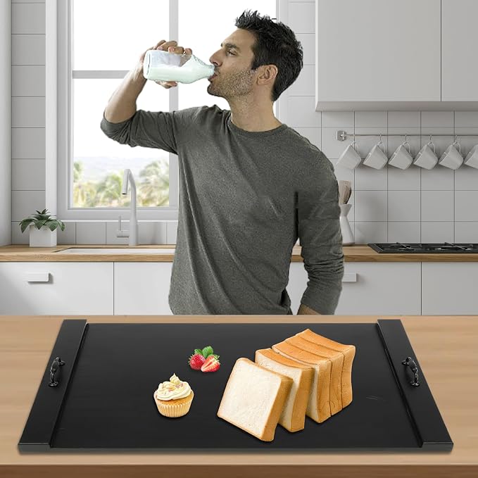 Noodle Board, 21.65x30.31in Stove Cover, Pine Wood Chopping & Cutting Board, Kitchen Serving Tray with Metal Handles, Countertop Expander for Sink, Rustic Gas/Electric Stove Top Protector, Black
