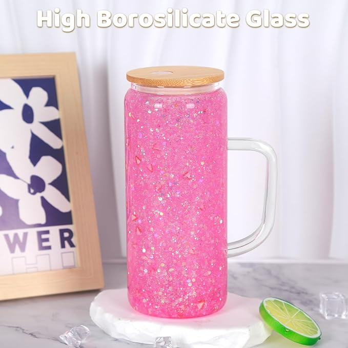 20 Oz Snow Globe Glass Cup With Handle, 4 Pack Pre-Drilled Double Wall Glass Coffee Mug For Snowglobe Diy Glitter, Double Wall Snow Globe Tumbler with Bamboo Lid