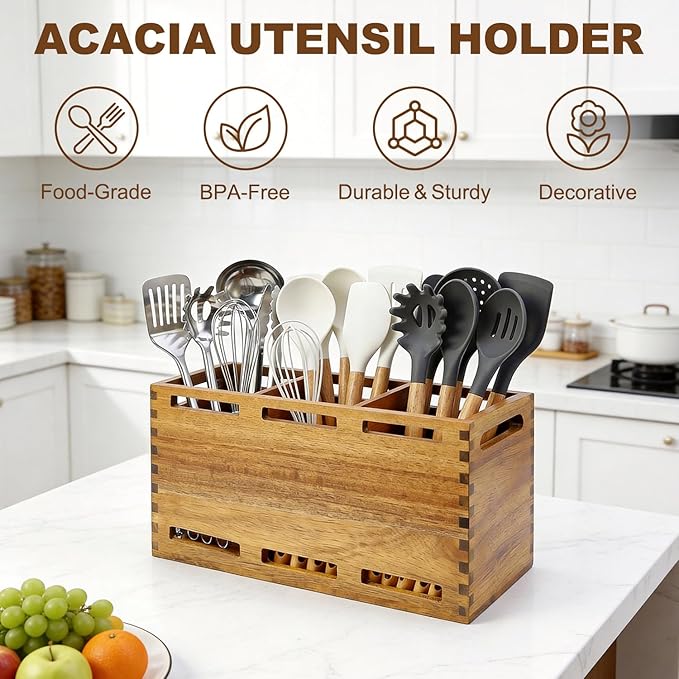 Extra Large Acacia Wood Utensil Holder for Kitchen Counter Decor Rustic Wooden Spatula Holders Cooking Utensils Organizer Countertop Silverware Caddy Spoon Kitchen Tool Holder Farmhouse Utensil Crock