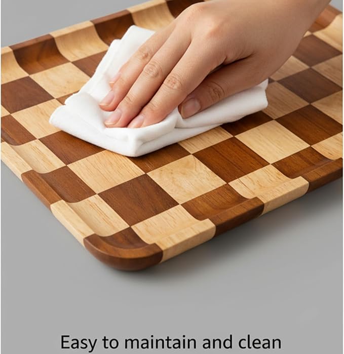 Rectangular Checkered Acacia Wood Serving Tray – Decorative Wooden Tray for Coffee Table, Snacks, and Food – Modern Wood Serving Tray for Kitchen, Dining, and Living Room Decor（13.7" x 9.8" x 0.6"）