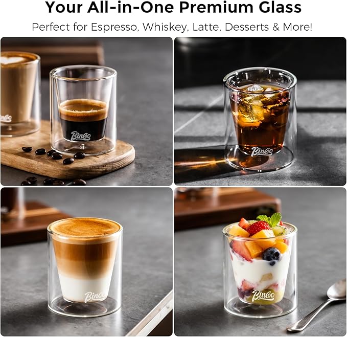 Bincoo Double Wall Glasses - 120ML Clear Insulated Coffee Drinking Glass for Hot and Cold Liquids, Whiskey, Bourbon, Vodka, and Scotch Borosilicate Clear Glass