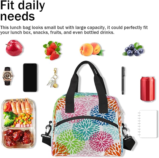 Pardick Colorful Flower Floral Insulated Lunch Bag for Women Girl Reusable Lunch Tote Box With Shoulder Strap Lightweight Thermal Cooler Meal Prep Bag for Work School Office Picnic