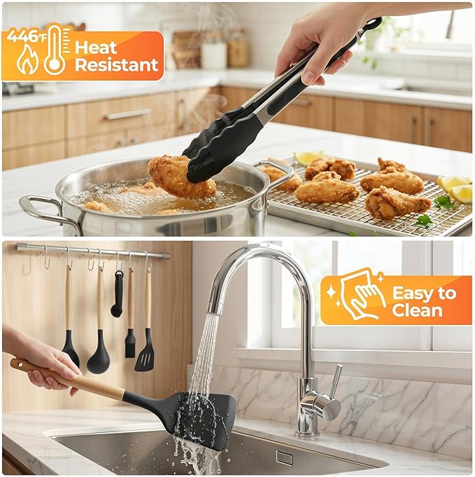 WISELIFE Kitchen Utensils Set - 33 PCS, Heat-Resistant Silicone Cooking Utensils Set with Wooden Handle, BPA-Free Kitchen Gadgets Spatula Sets with Holder for Nonstick Cookware (Black)