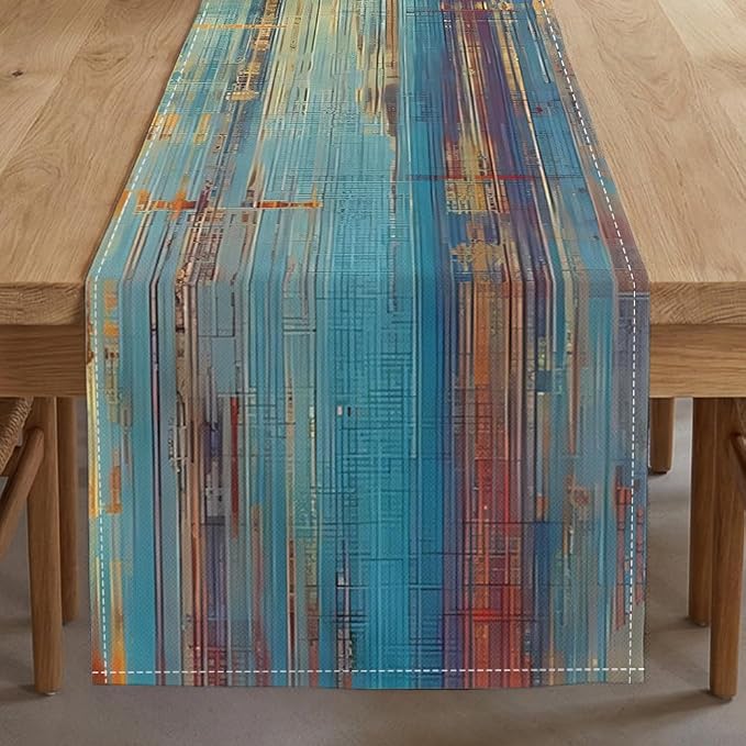 Niviy Brown Blue Wood Grain Linen Table Runner, 12x72 Inch Washable Table Runners Easy to Clean Kitchen Table Decor for Holiday Party Kitchen Dining Table Decoration