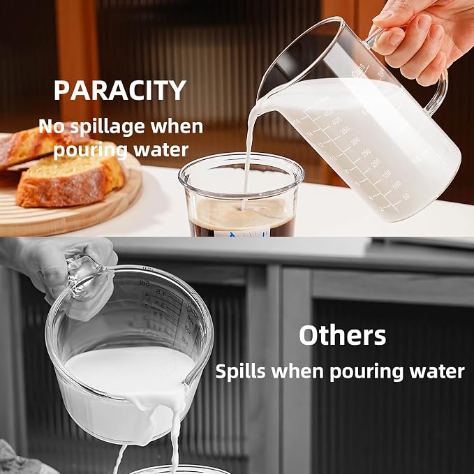 PARACITY 2 Cup Glass Measuring Cup, Liquid Measuring Cups with three Scale and V-Shaped Mouth, Glass Coffee Cups with Handle, Glass Beaker for Kitchen or Restaurant 500 ML