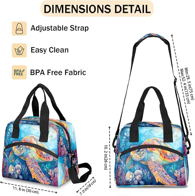 Pardick Colorful Sea Turtle Insulated Lunch Bag for Women Leakproof Lunch Box Large Cooler Thermal Tote Bag with Shoulder Strap Meal Prep Bags for Work School Office Picnic Teen Girls Adult