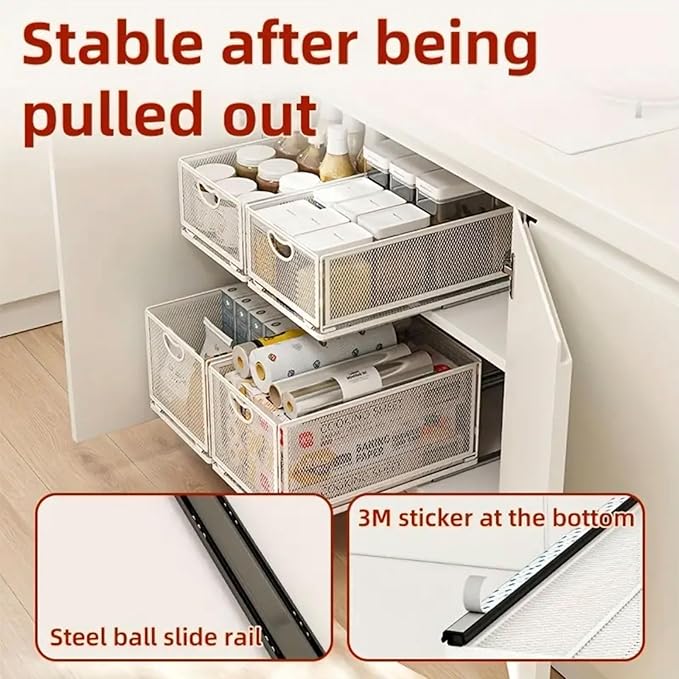 Pull out Cabinet Organizer with Sliding Drawer, 1 Pack Under Sink Organizers and Storage Rack, Adhesive Nano Film Heavy Duty Slide out Pantry Shelves for Kitchen,Sink, 9.6"W x15.7"D x 8.4"H