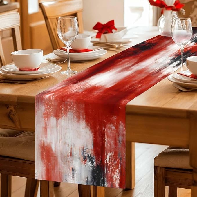 Retro Black Red Table Runners 70 Inches Long, Cotton Linen Fabric Table Runner Dresser Scarf, Abstract Bohemia Minimalist Aesthetic Art Tablerunner for Party/Kitchen/Dinner/Wedding Decor 13"x70"