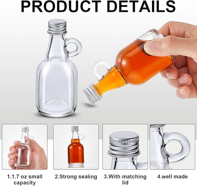 Suclain 48 Pcs 1.7oz Mini Glass Syrup Bottles Small Syrup Jars with Loop Handle and Lids Clear Glass Reusable Maple Jars Container Stout Sample Bottle for Potion Juice Milk Storage Sauce Oil