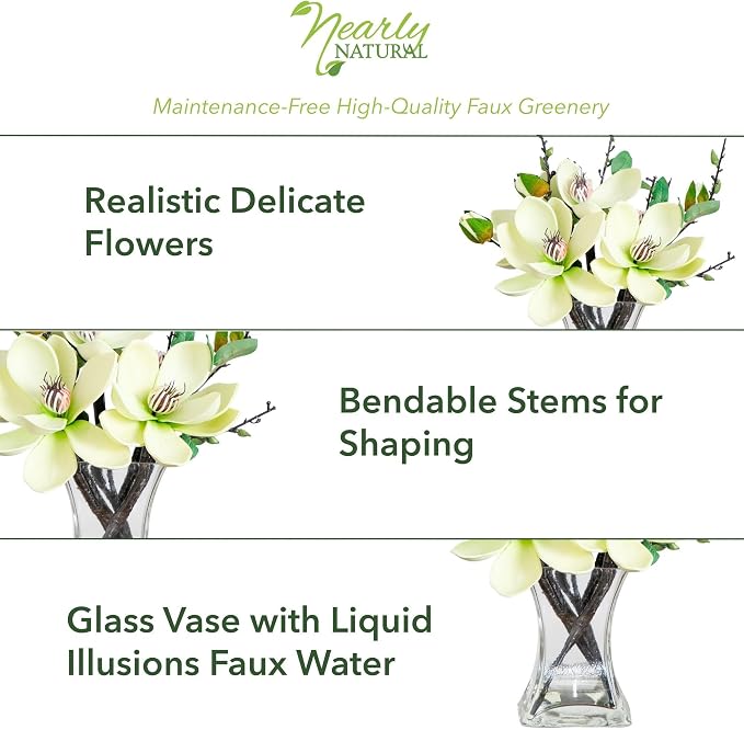 Nearly Natural 4534-WH Magnolia Arrangement with Vase,White