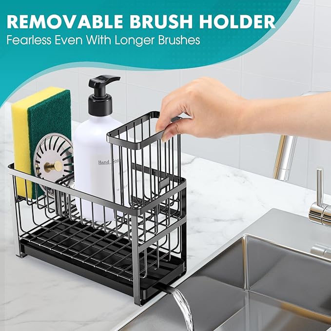 Sinnsally Kitchen Sponge Holder,Sink Caddy Organizer with High Brush Holder,Stainless Steel Sink Box Dish Scrubber Holder,Soap Tray for Kitchen Counter Accessories & Storage Rack(2 Tier - Black)