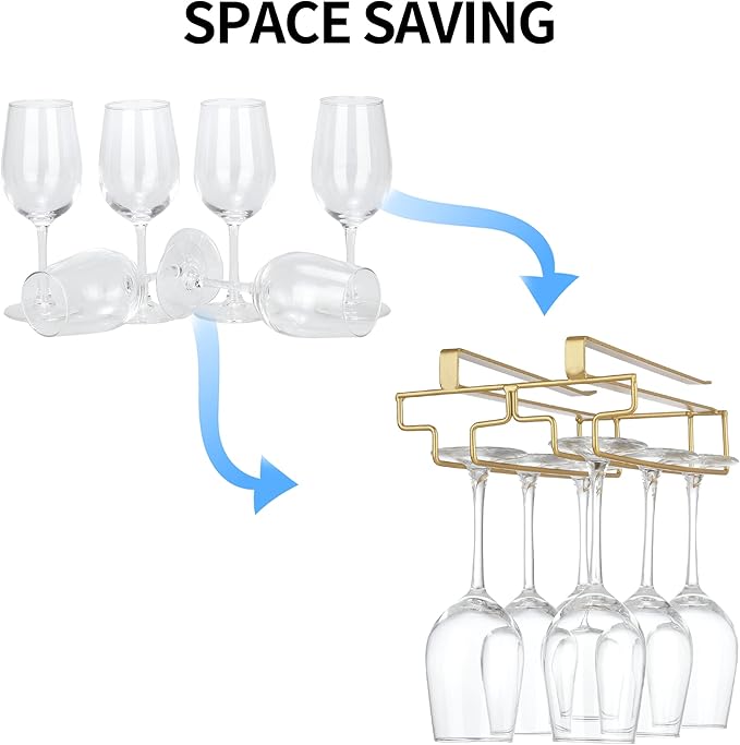 Wine Glass Rack Under Cabinet, Drilling Free No Screw Steamware Holder Under Shelf Metal Wine Glasses Holders 304 Stainless Steel Hanger Storage Organizer Hanging Glass Fit for Bar Kitchen 2 Rows Gold