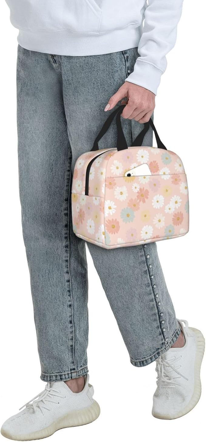 Insulated Lunch Bag Pastel Daisy Flower Pattern, Leakproof Lunch Tote for Work School, Reusable Lunch Box Cooler for Adults Students, Compact Lunch Bag for Office College Picnic