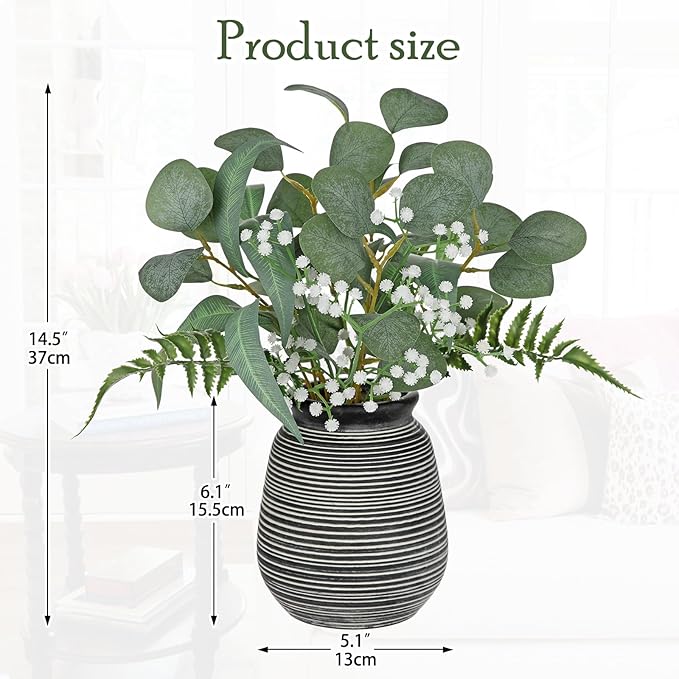 Briful Artificial Floral Arrangement Centerpiece with Eucalyptus & Mixed Greenery – 14.5” Pre-Arranged Faux Flowers in Textured Black & White Ceramic Vase for Table, Shelf & Entryway Décor