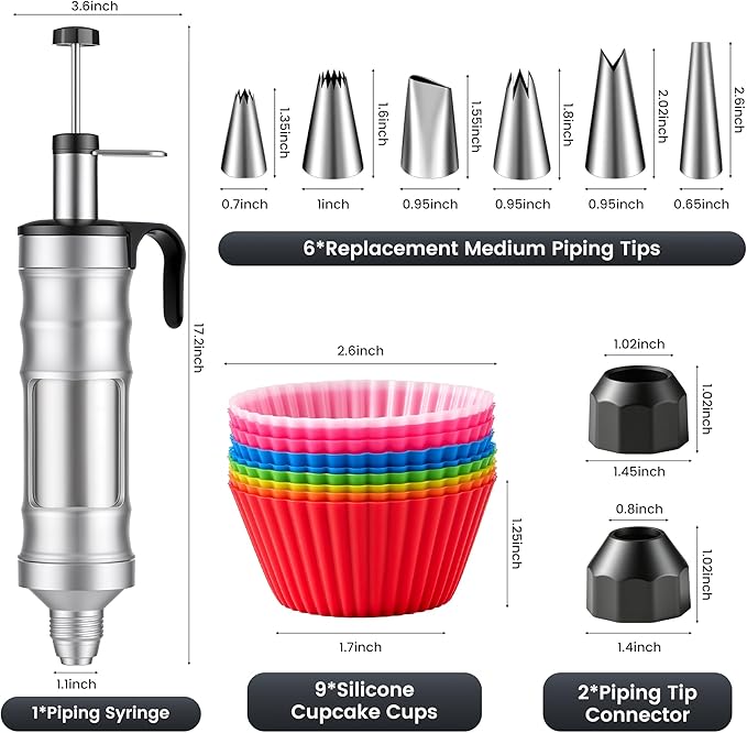 Dessert Decorating Syringe Set - Cupcake Icing Piping Kit, Cupcake Frosting Filling Injector with 6 Piping Icing Nozzles, 9 Silicone Cupcakes for Cake, Cupcakes, Cookie (18Pcs-Black)