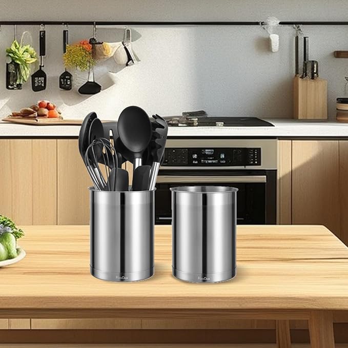 KSENDALO 2 Pack Utensil Crock, 6.6inch Cooking Utensil Holder Stainless Steel Container for Kitchen Counter,Metal Kitchen Spoon Spatula Cutlery Tool Holder Organizer, Silver (2 Pack)