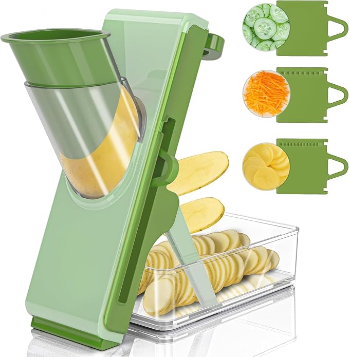 Eletronova Safe Mandoline Slicer for Kitchen, Vegetable Slicer with Container, French Fry Cutter, All in 1 Julienne Slicer for Potato, Thickness Adjustable, Detachable Blade (Green)