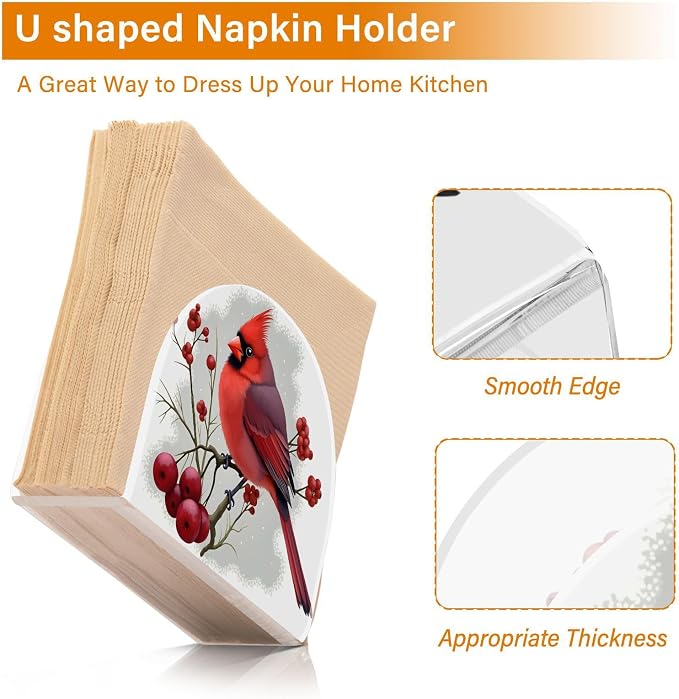 Winter Red Bird Napkin Holder for Tables Paper Cocktail Napkin Holders for Kitchen and Dinning, Acrylic Dinner Napkin Dispenser for Restaurant Home Decor Bar Accessories 1 Pack