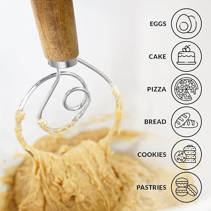 Zulay Kitchen 13-Inch Danish Dough Whisk - Stainless Steel Wooden Whisk with Dough Hook - Sourdough Whisk for Bread, Pizza, Pastry, Cake Batter & More - Acacia