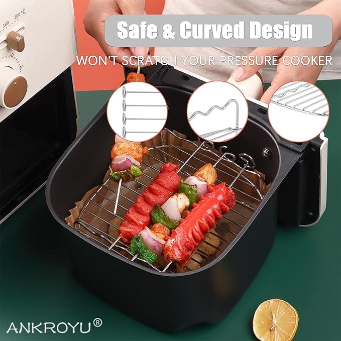 Air Fryer Baking Tray, Non-Stick Stainless Steel BBQ Rack, Double Layer Skewers Baking Tray, Round Air Fryer Rack, Cooling and Steaming Rack Basket for Baking, Grilling & Roasting