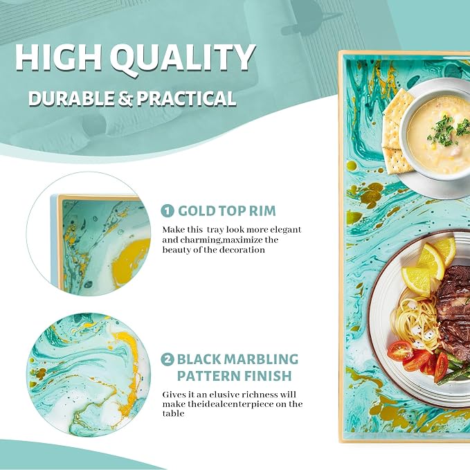 MAONAME Turquoise Serving Tray with Handles, Plastic Decorative Tray for Coffee Table, Marbling Rectangular Trays for Bathroom, Ottoman, Storage, 15.7" Lx 10.2" W X 1.57" H