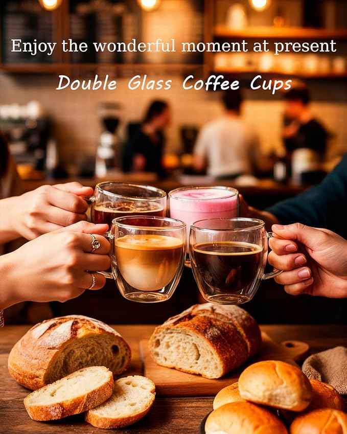 Glass Coffee Cups Set Of 6 - 8.5oz Double Walled Glass Coffee Mugs with Handle,Clear Insulated Borosilicate Glass Mug,Suitable for Cappuccino,Tea,Latte,Hot Beverage and Wine (6 Pack 8.5oz +6 Spoons)