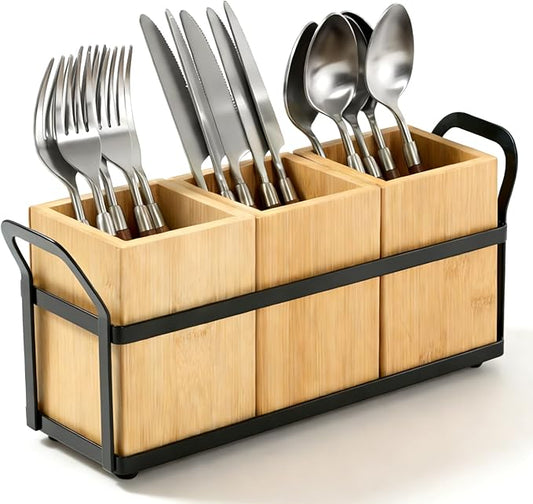 Utensil Holder for Kitchen Countertop, 3 Compartments Detachable Utensils Caddy, Wooden Utensils Organizer for Silverware, Spatula, Fork, Knife, Cutlery Storage, Counter Cooking Utensil Crock