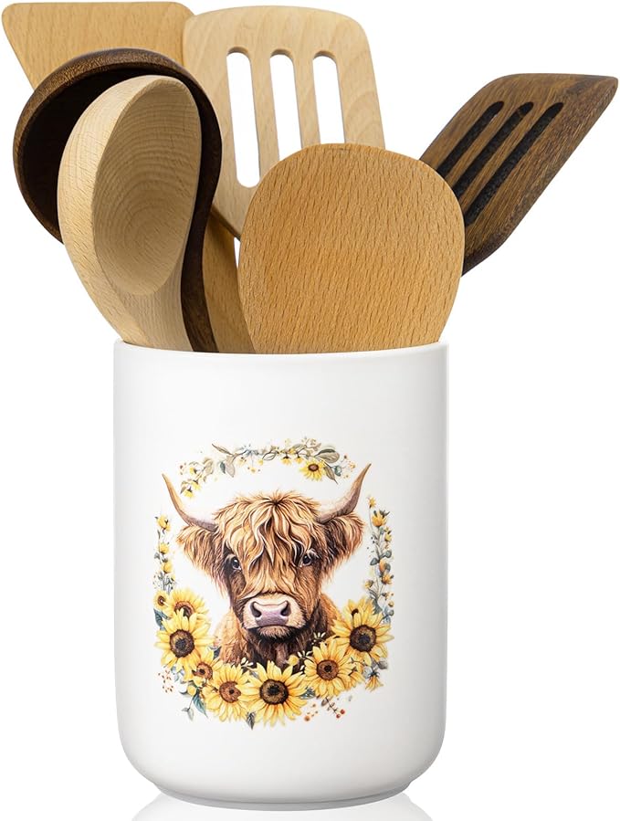 Sawysine Highland Cow Ceramic Utensil Holder Kitchen Crock Storage Accessories Decoration for Home Farmhouse Kitchen Countertop Storage Organizer Container Gifts