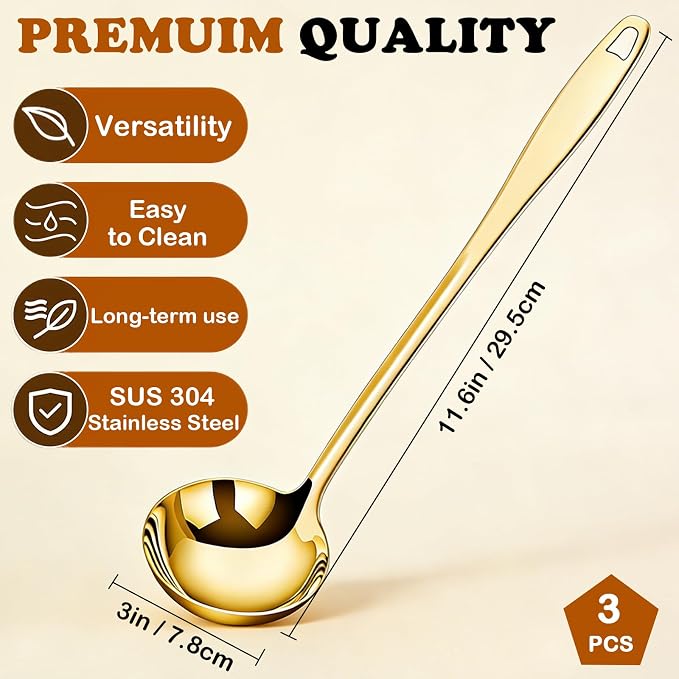 3 Pieces Gold Soup Ladle, 11.6" Metal Ladle Stainless Steel, Large Soup Spoon With Handle for Serving, Stirring, Cooking Spoon for Kitchen